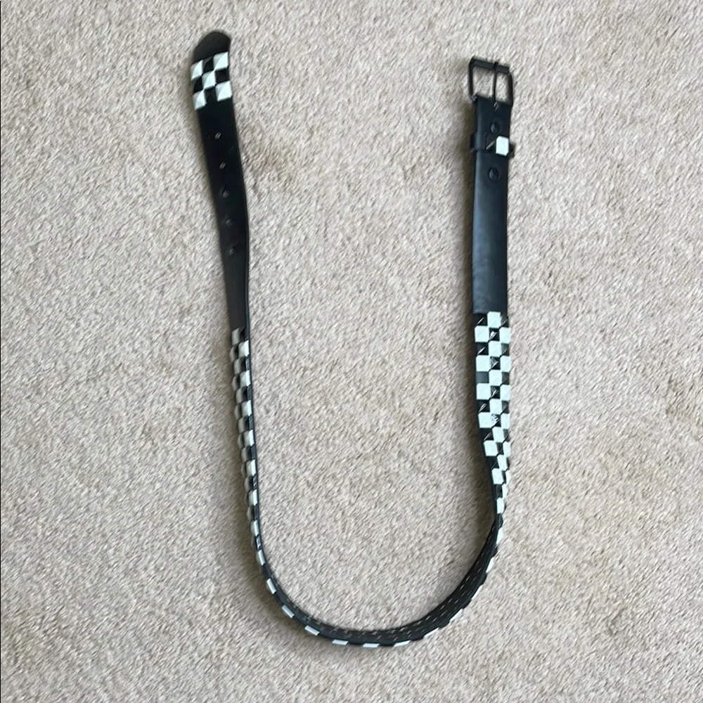 Black and White Checkered Leather Belt with Silver Buckle